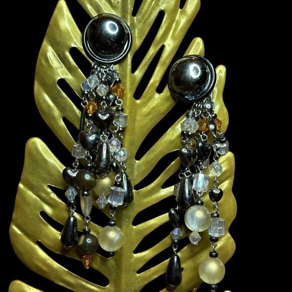 Vintage Clip on Black and Gold Beaded Long Dangle Clip on Earrings - Picture 1 of 3